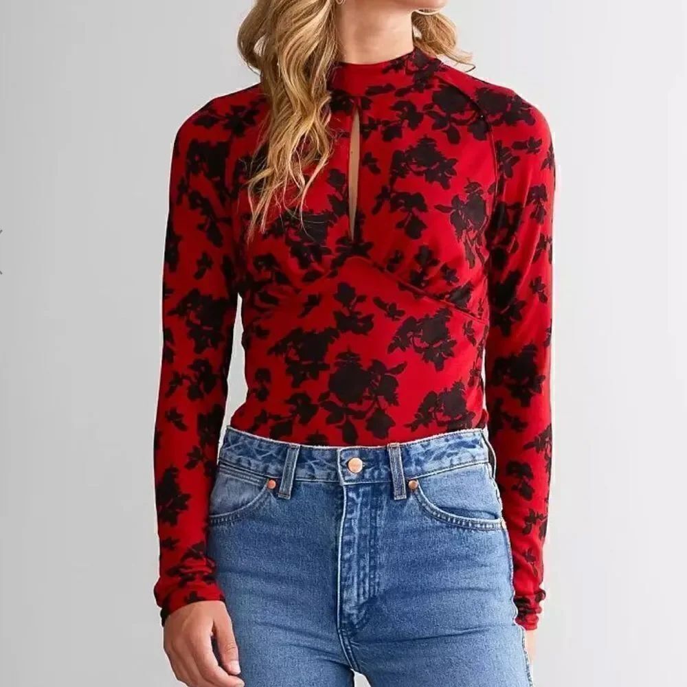 NWT Free People Dinner Party Long Sleeve S Floral Key Hole Mock Neck Retro Chic